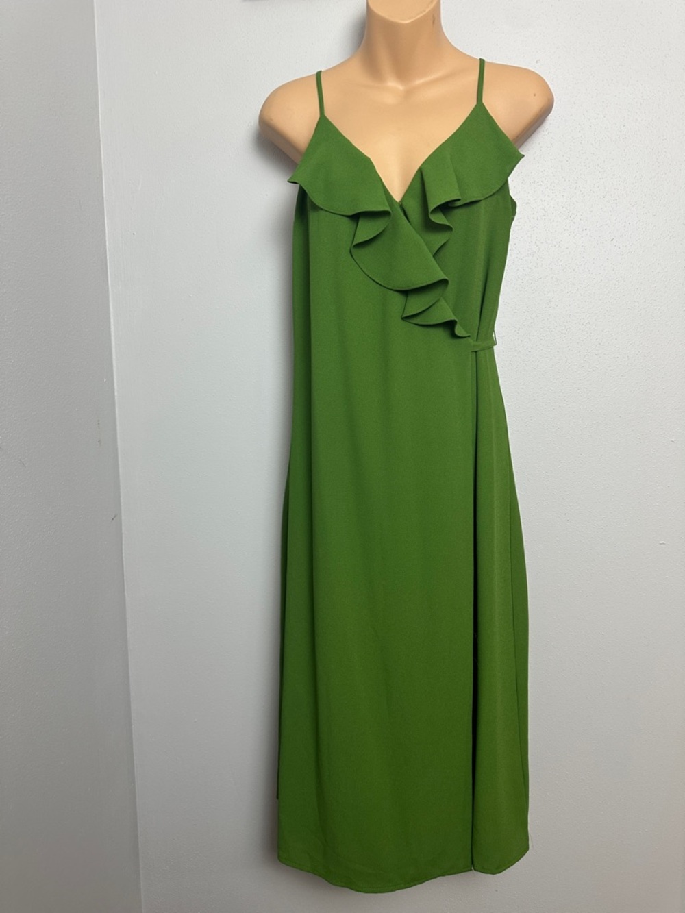 1. State Olive Green Ruffle-Front Midi Wrap Dress